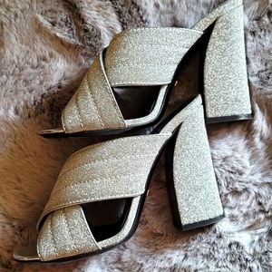 Authentic gucci webby fabric glitter heel mules